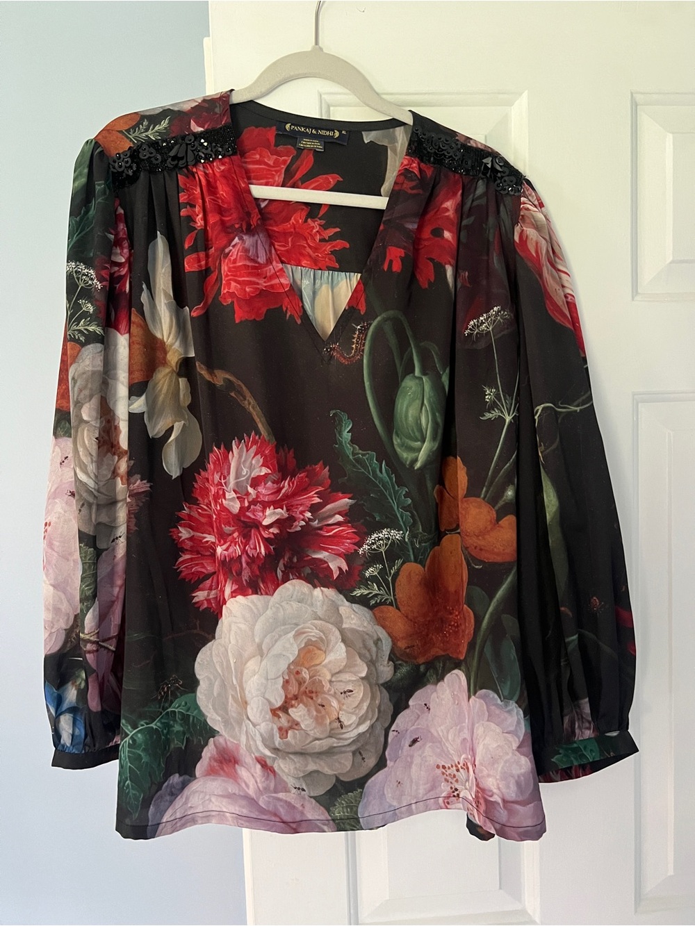 Floral V-Neck Balloon Sleeve Blouse with sequins - Black Multi by Pankaj & Nidhi